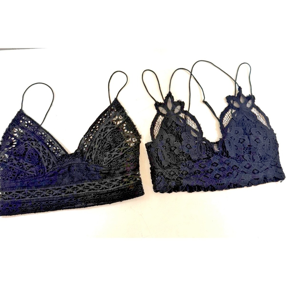 Free People FP One‎ Ilektra Lace Bralette Set of 2 Black Small Smocked Boho